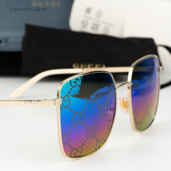 Gucci Women Sunglasses Gold Multicolor GG Pattern Mirror Square GG0802S 004 NEW main image 9